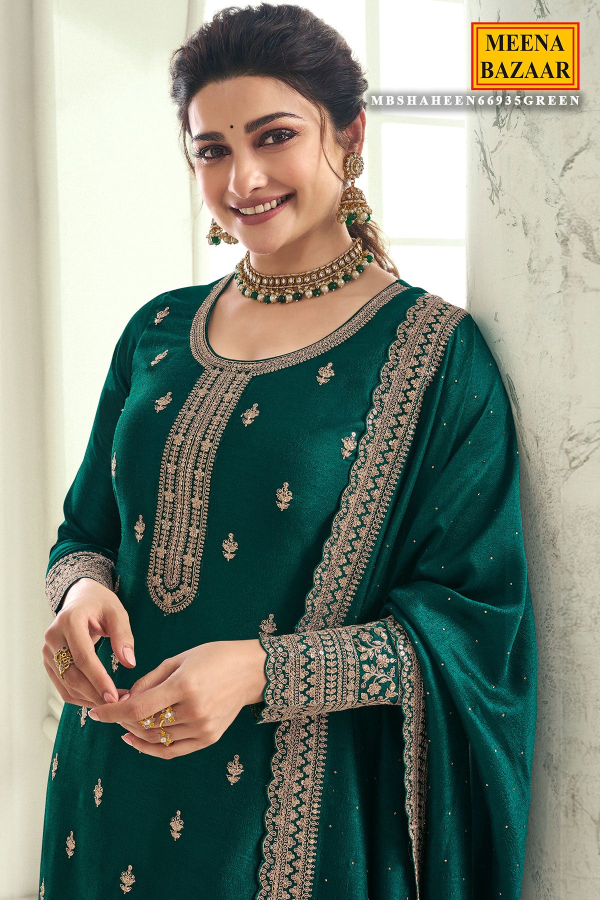 Bottle Green Zari Sequin Embroidered Silk Suit Set