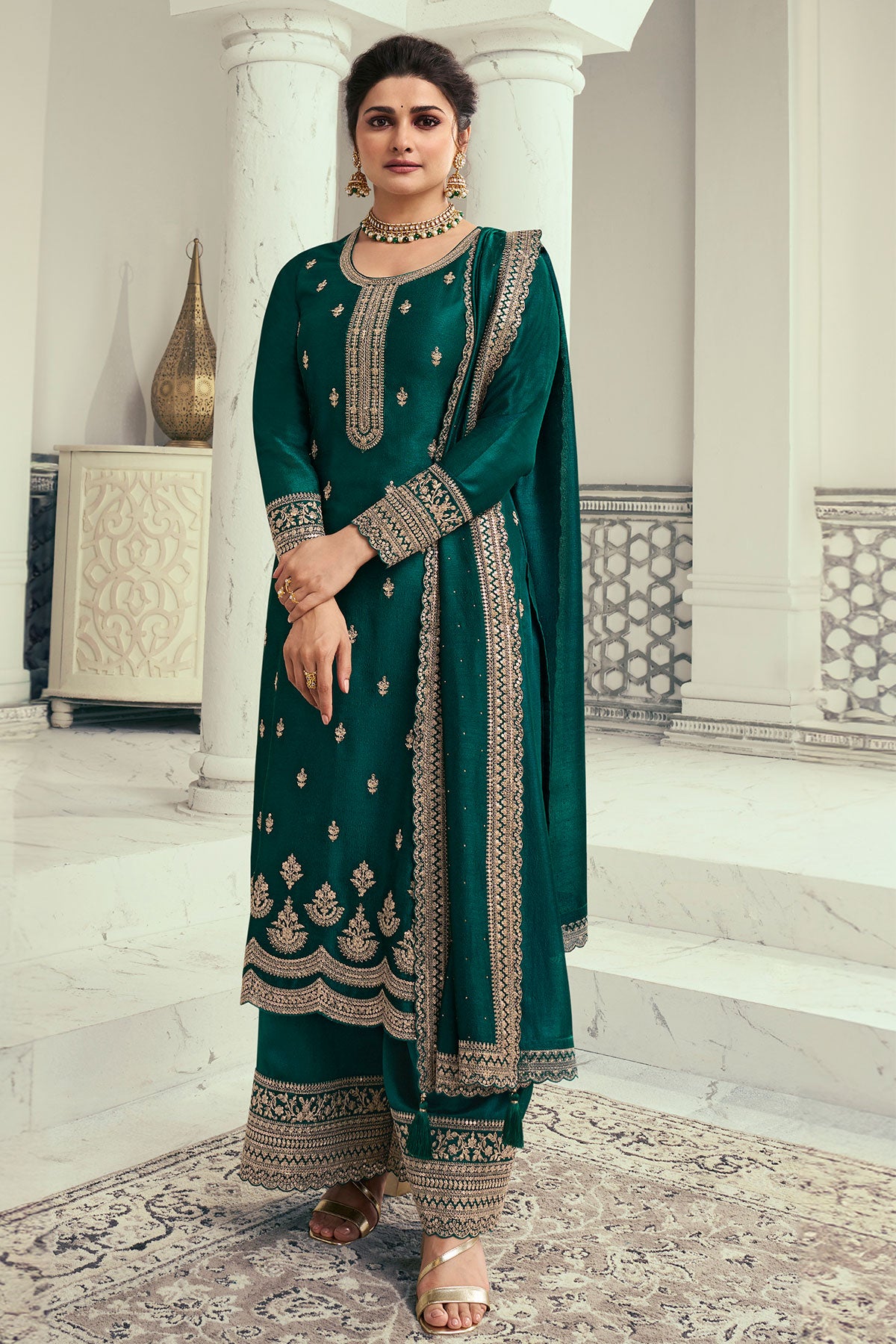 Bottle Green Zari Sequin Embroidered Silk Suit Set