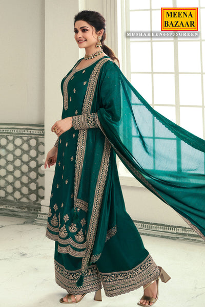 Bottle Green Zari Sequin Embroidered Silk Suit Set