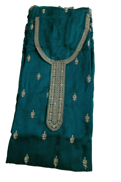 Bottle Green Zari Sequin Embroidered Silk Suit Set