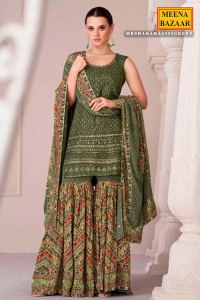Green Silk Sequin Embroidered Gharara Set