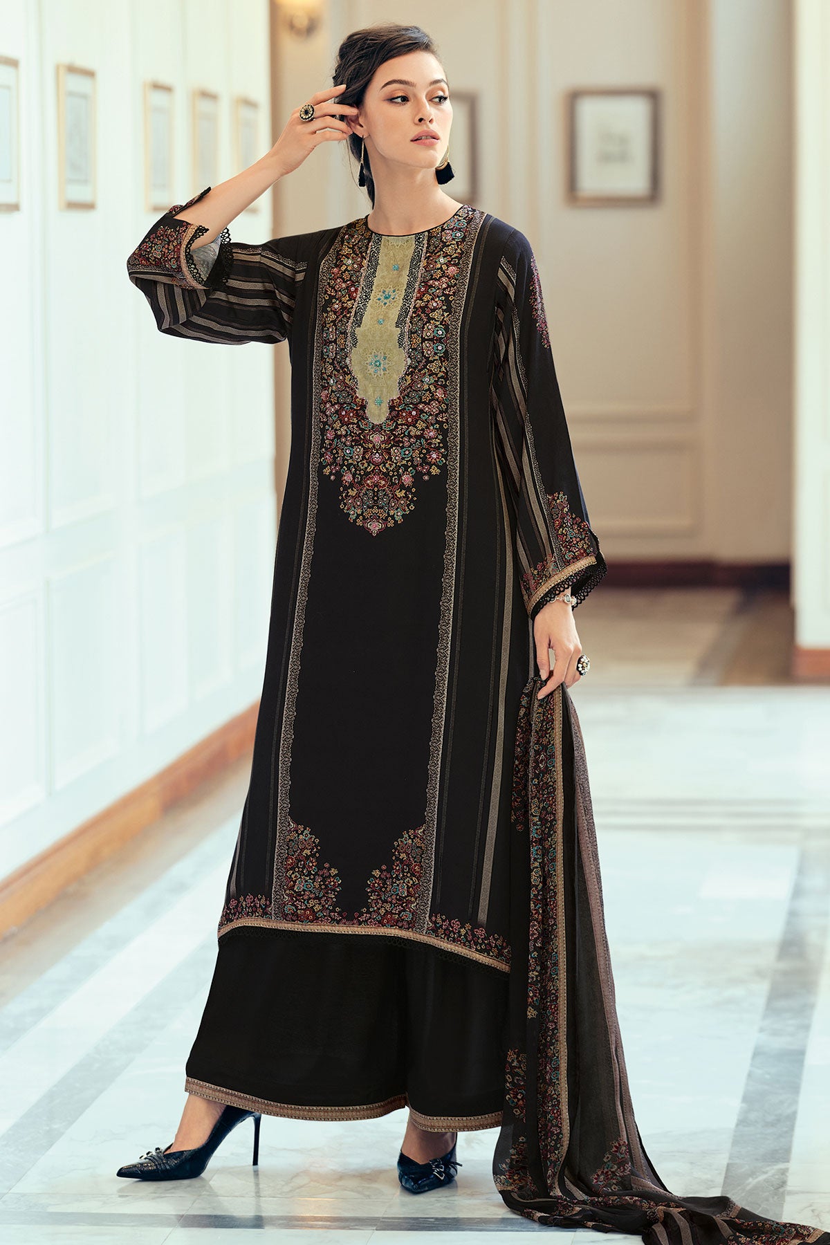 Black Modal Satin Printed Suit Set