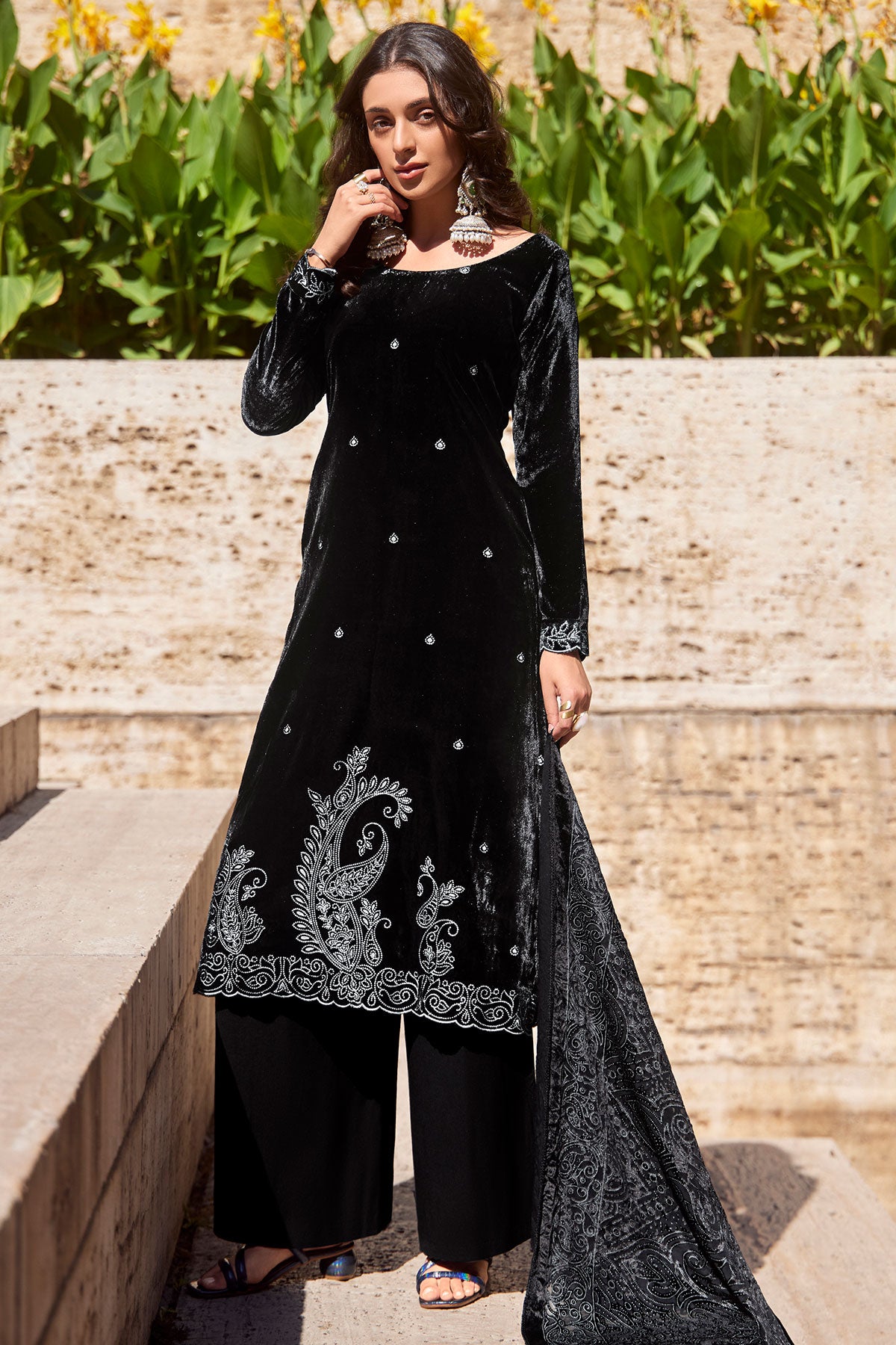 Black Velvet Paisley Threadwork Embroidered Suit Set