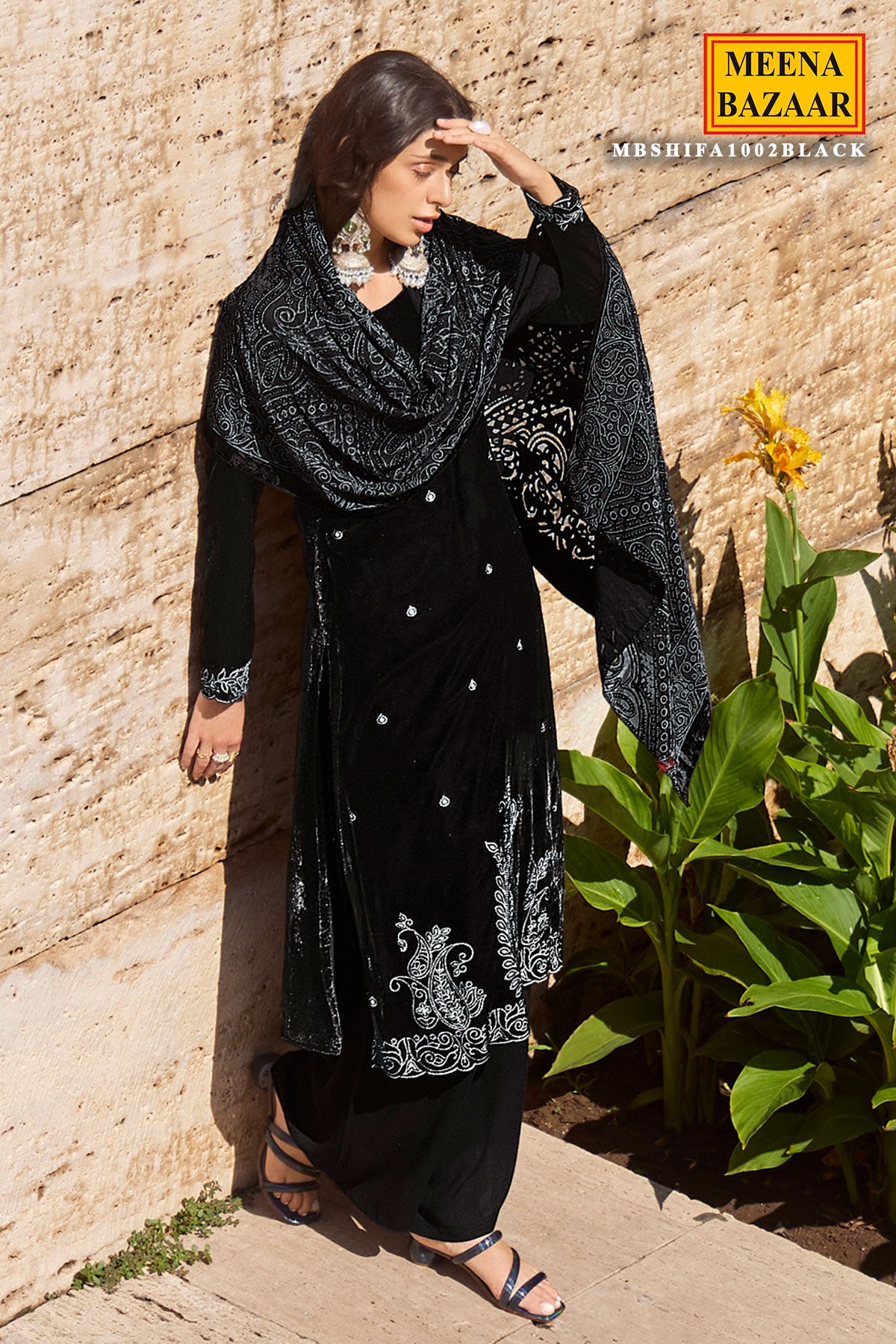 Black Velvet Paisley Threadwork Embroidered Suit Set