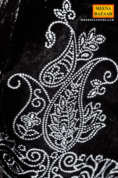 Black Velvet Paisley Threadwork Embroidered Suit Set