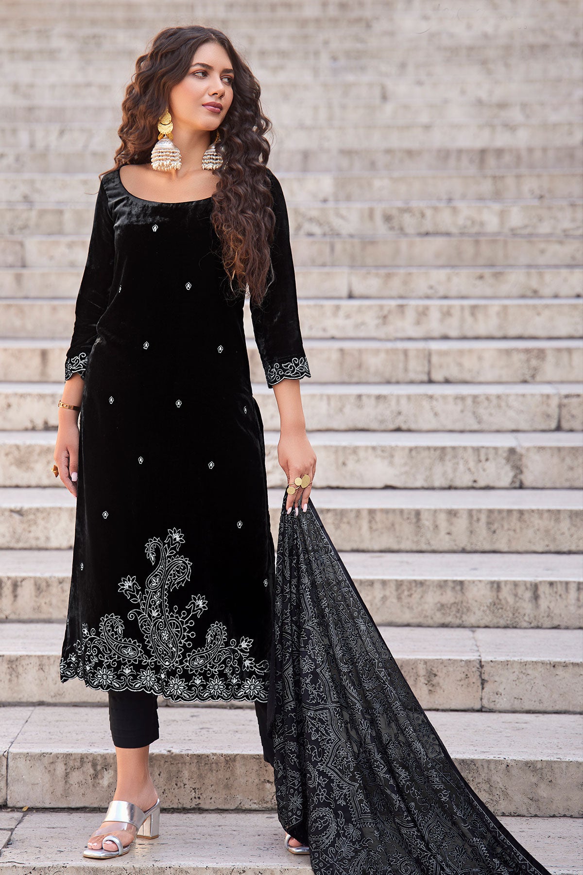 Black Velvet Paisley Threadwork Embroidered Suit Set