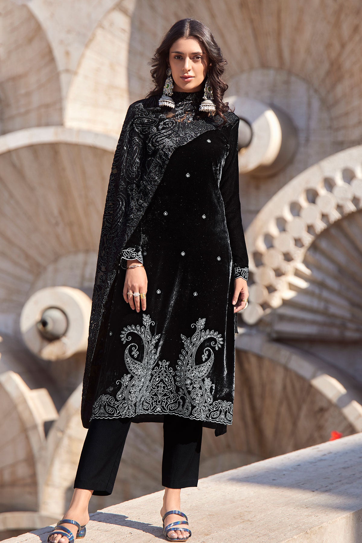 Black Velvet Paisley Threadwork Embroidered Suit Set