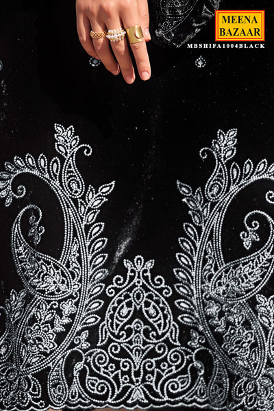 Black Velvet Paisley Threadwork Embroidered Suit Set