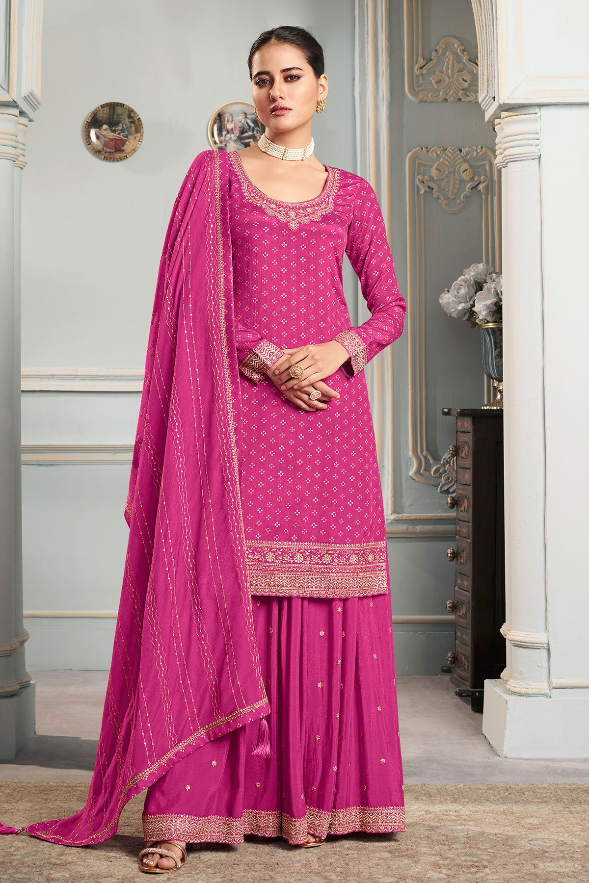 Rani Chinon Zari Sequin Embroidered Suit