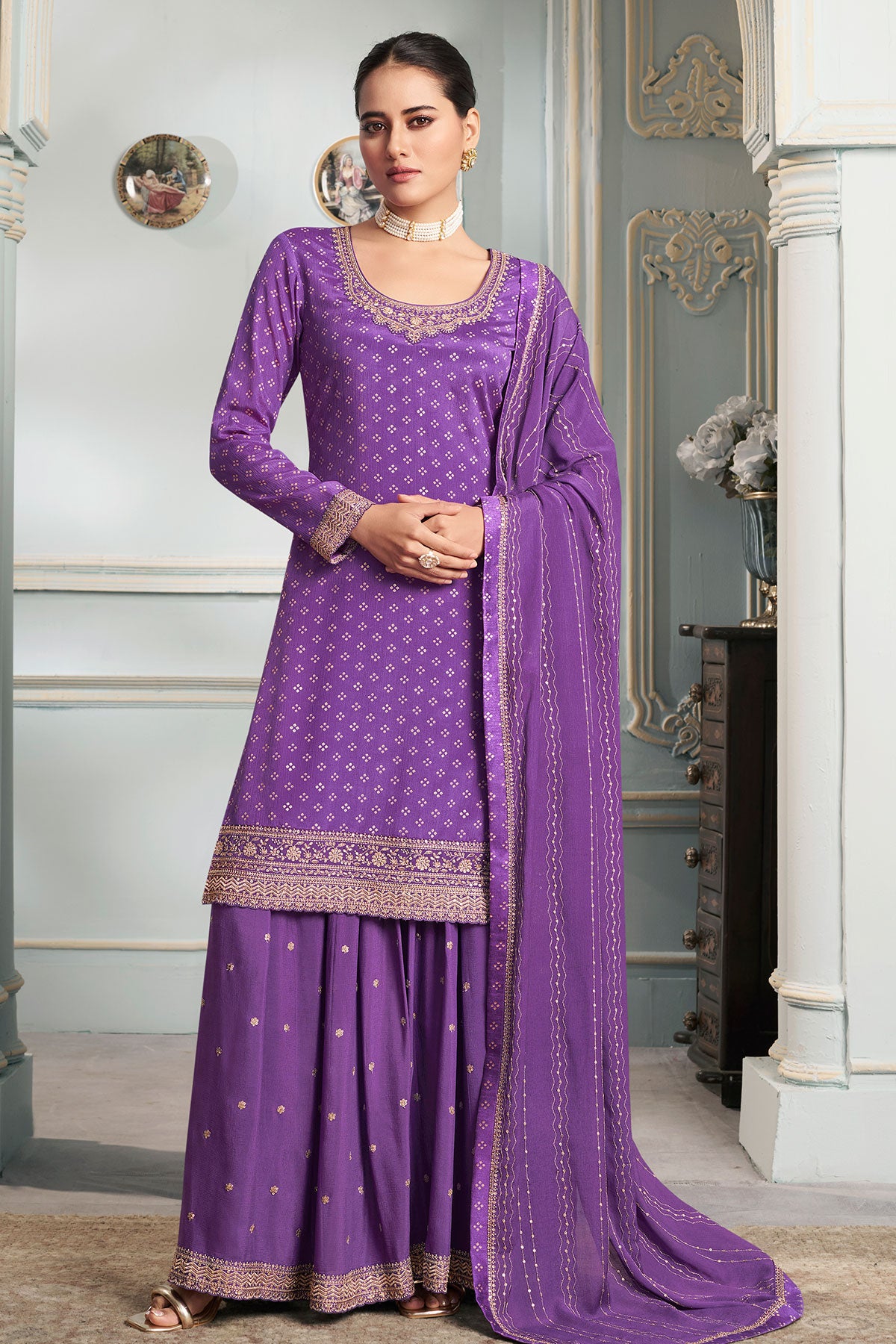 Purple Chinon Zari Sequin Embroidered Suit