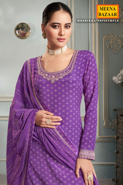 Purple Chinon Zari Sequin Embroidered Suit