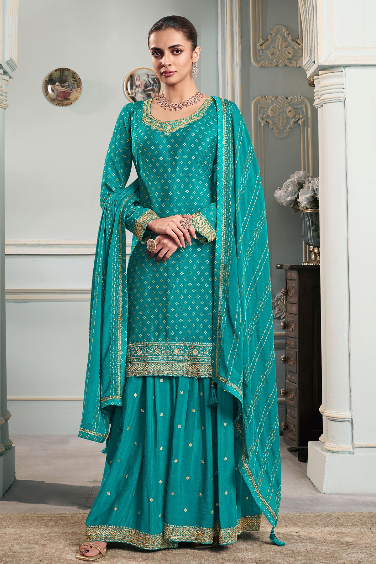 Firozi Chinon Zari Sequin Embroidered Suit