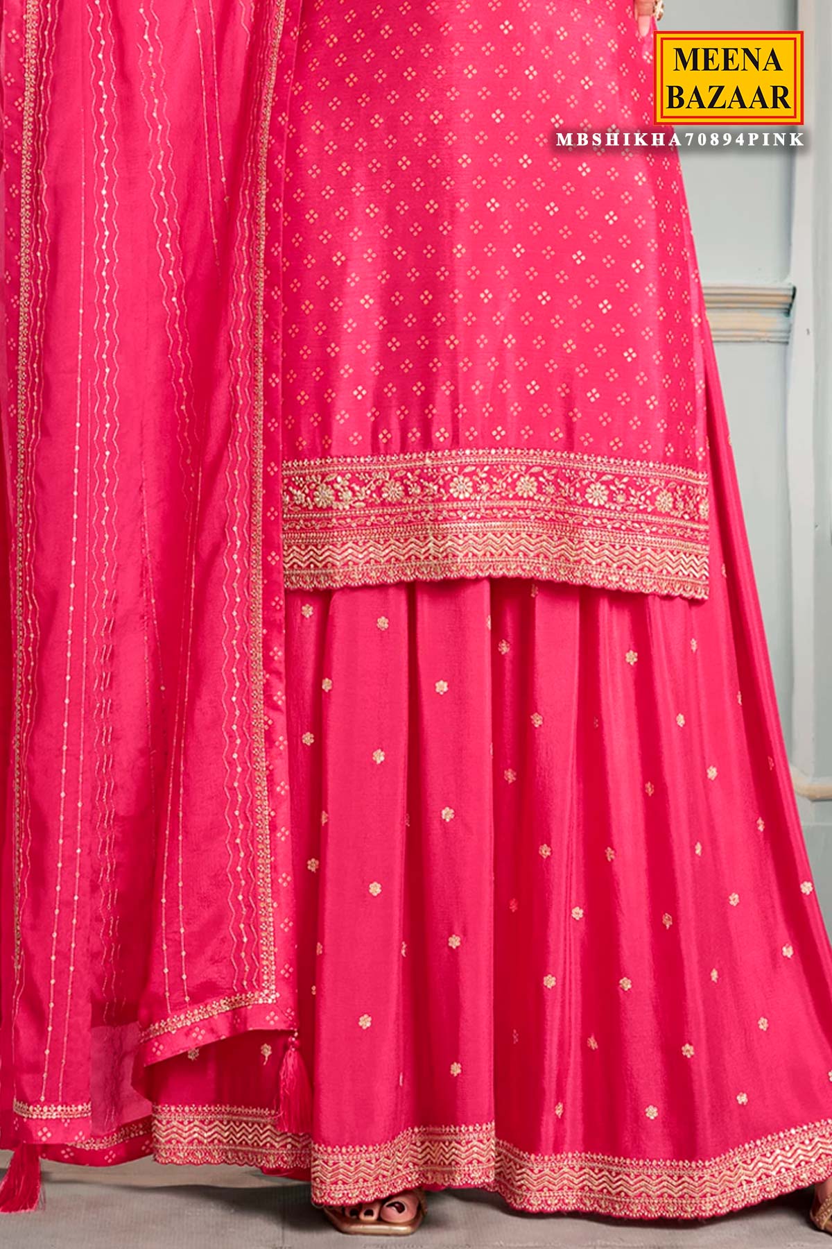 Pink Chinon Zari Sequin Embroidered Suit