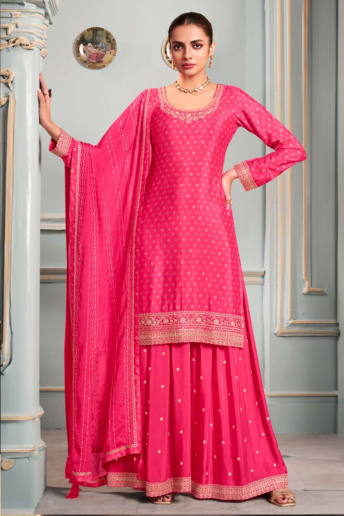 Pink Chinon Zari Sequin Embroidered Suit