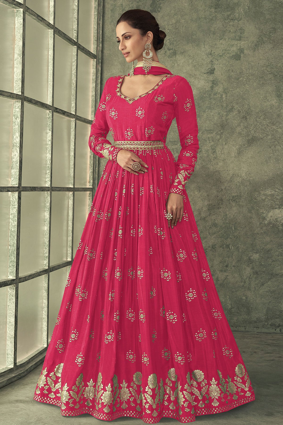 Rani Viscose Silk Anarkali Gown With Dupatta