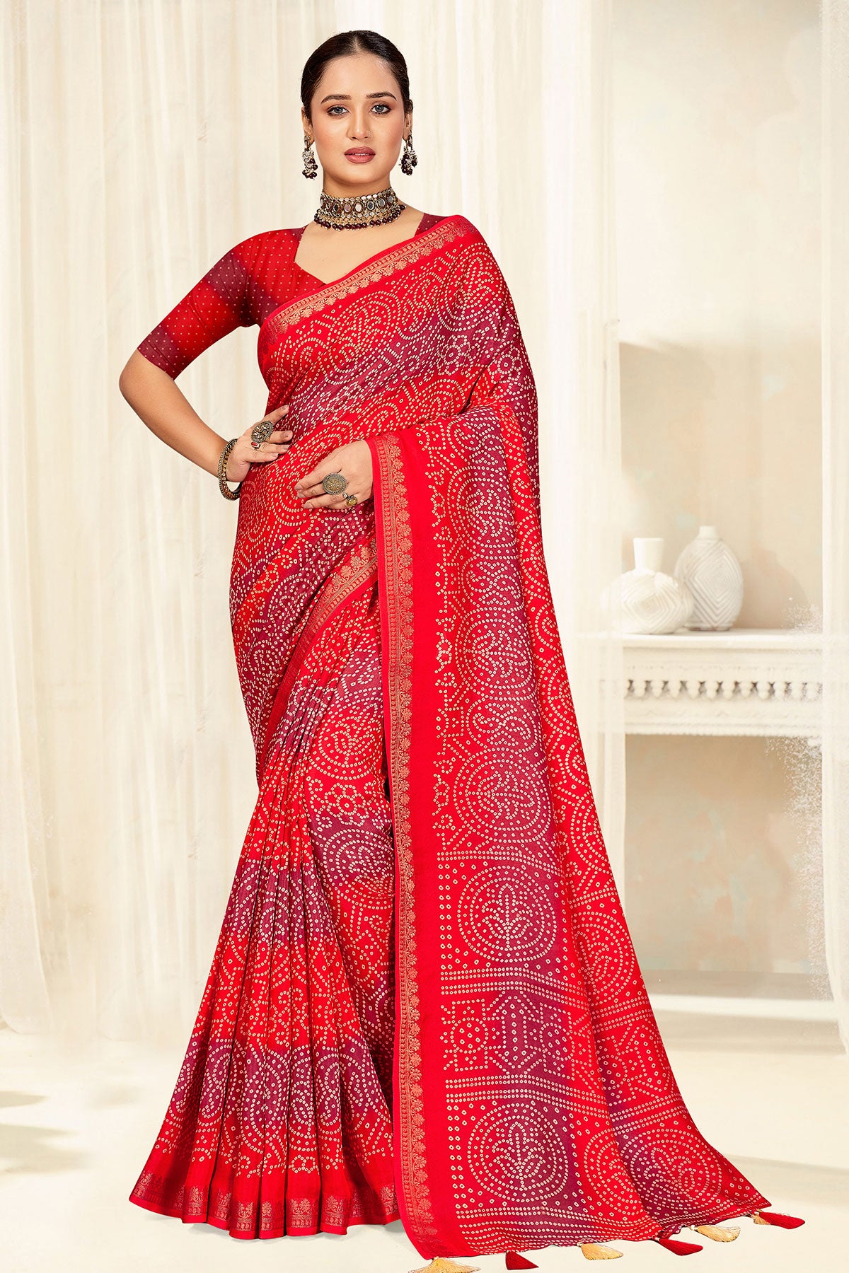 Red Silk Printed Saree Elegant Traditional & Party Wear