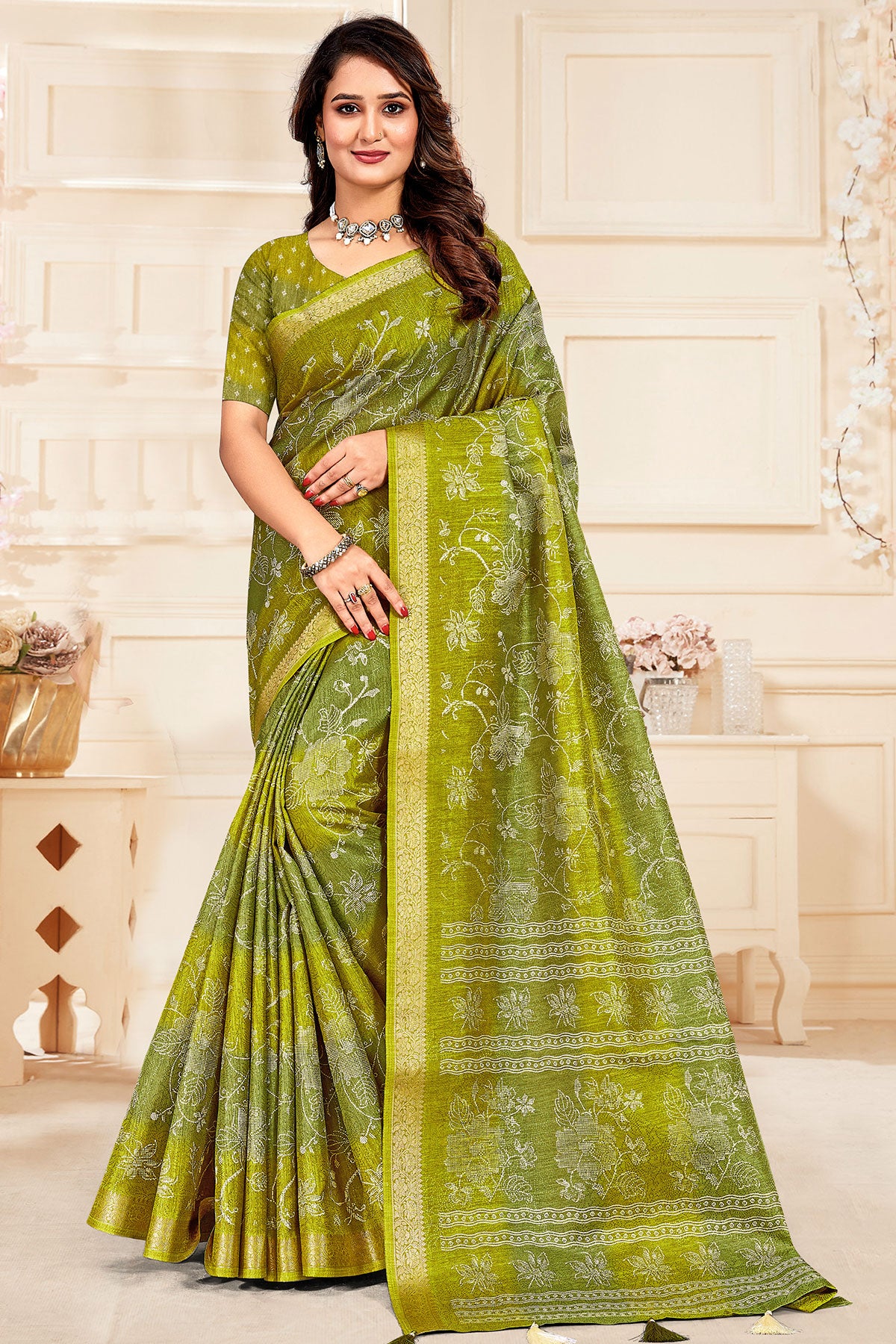 Mehandi Green Silk Blend Printed Saree