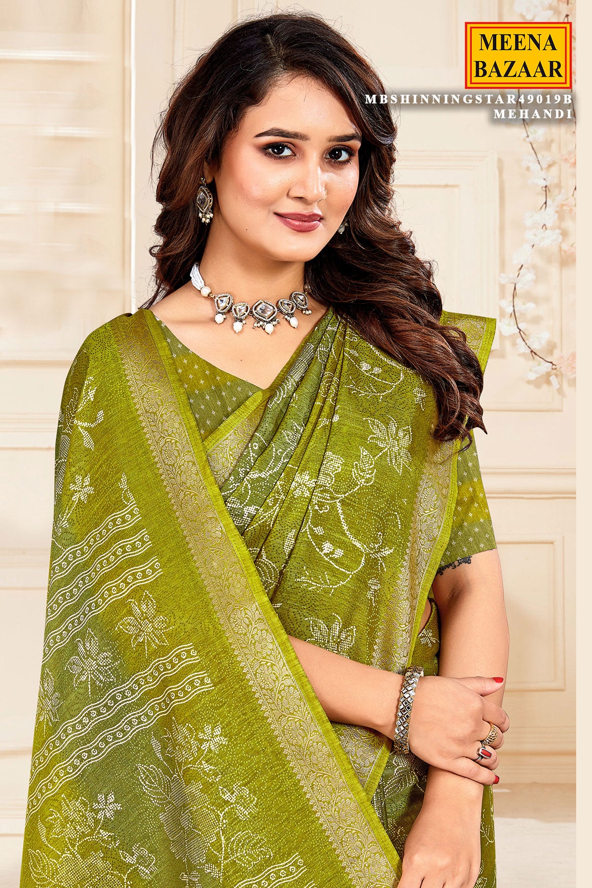 Mehandi Green Silk Blend Printed Saree