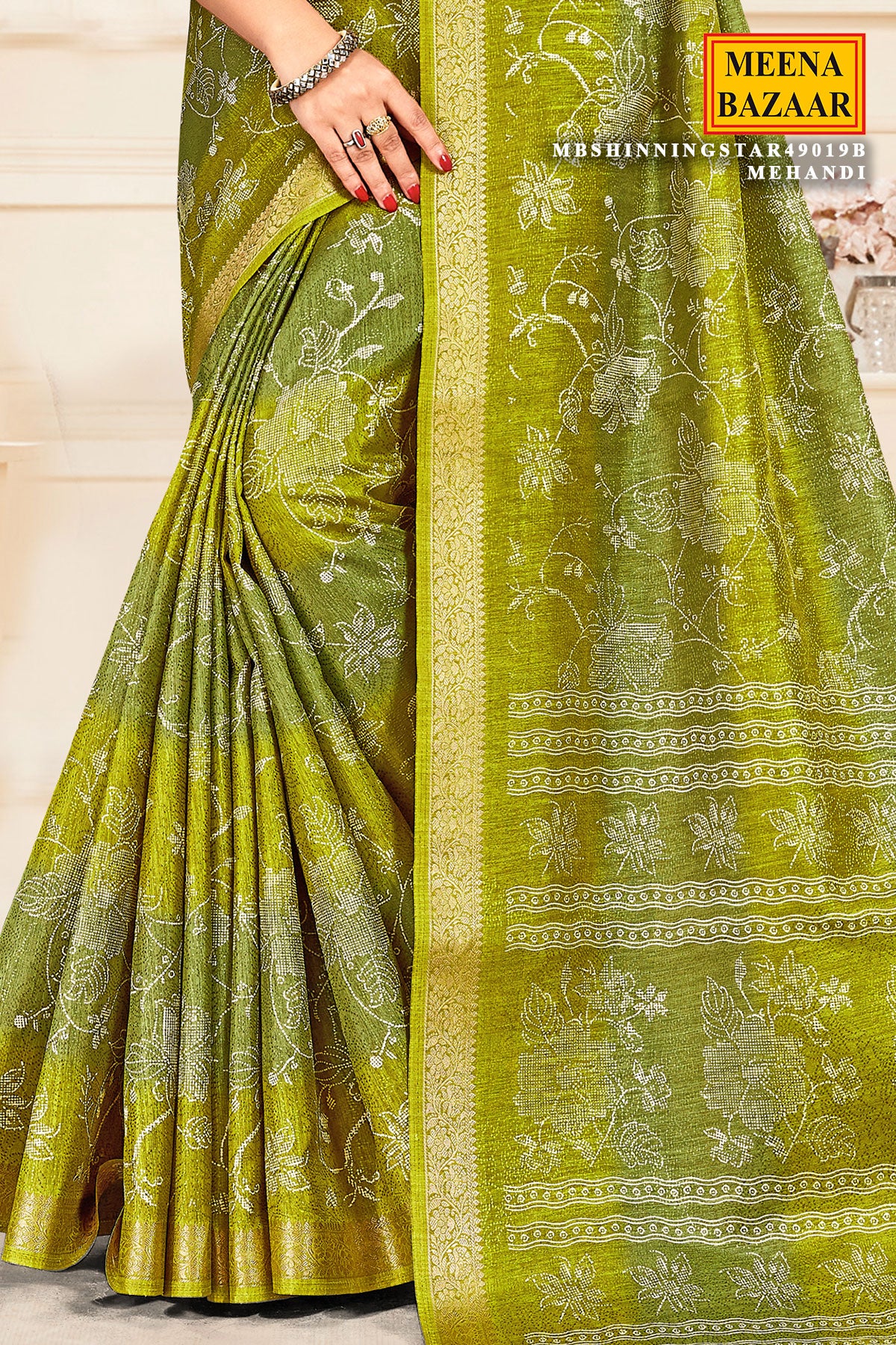 Mehandi Green Silk Blend Printed Saree