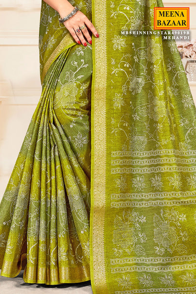 Mehandi Green Silk Blend Printed Saree
