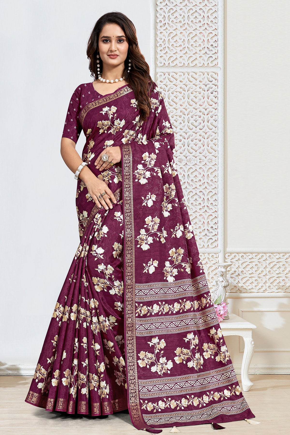 Wine Jacquard silk saree
