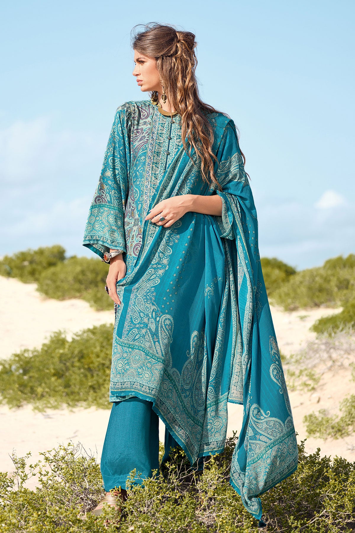 Firozi Muslin Printed Unstitched Suit