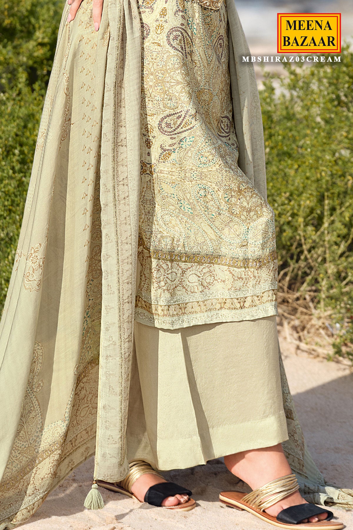 Cream Muslin Printed Unstitched Suit