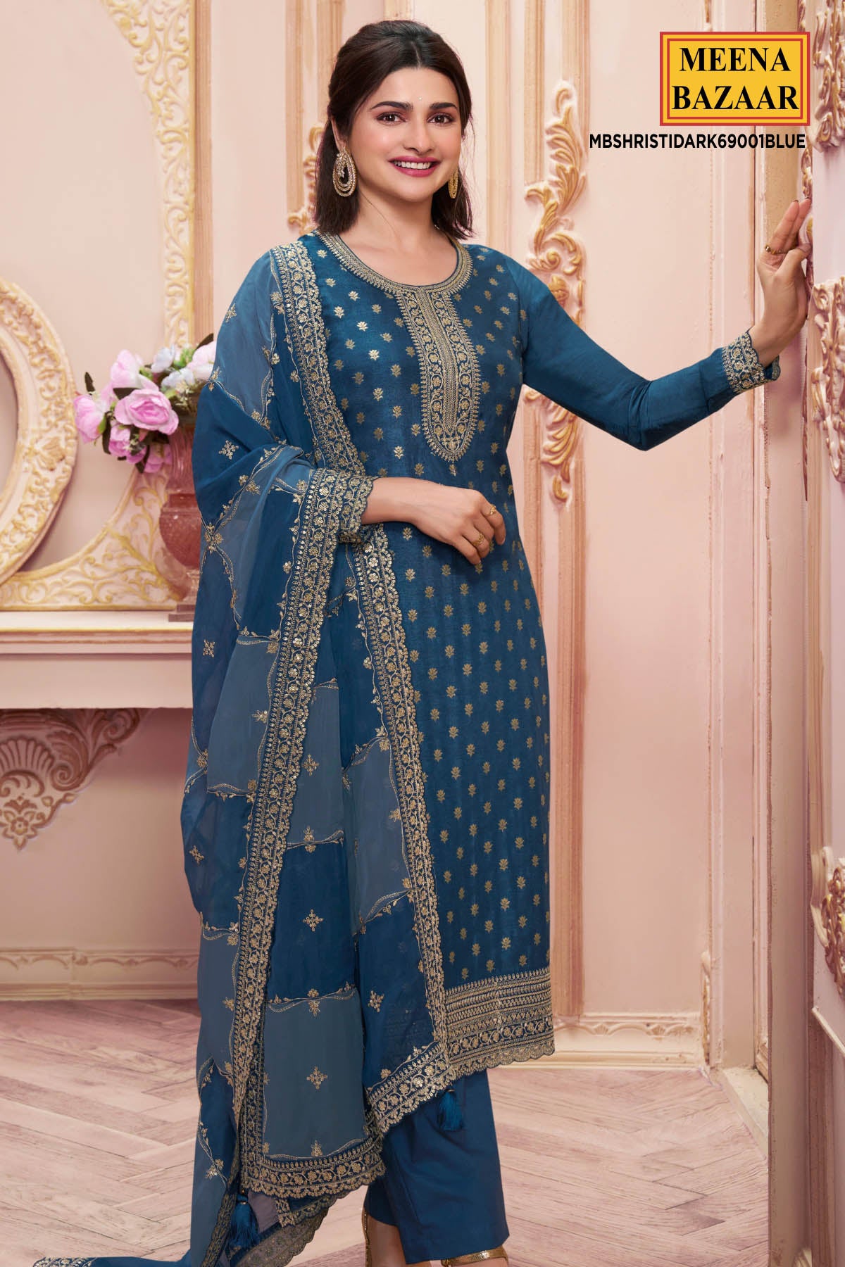 Teal Blue Ethnic Motifs Embroidered Dola Silk Suit Set