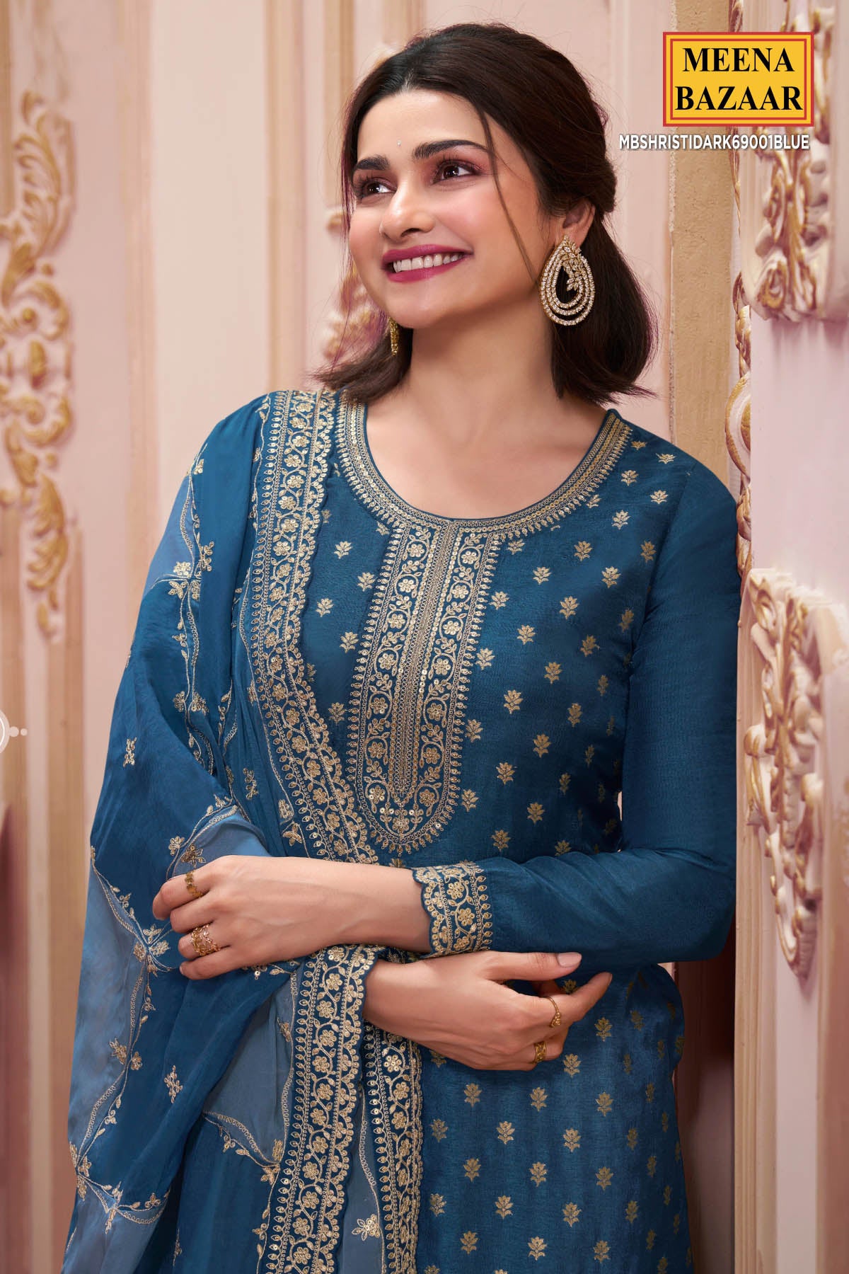 Teal Blue Ethnic Motifs Embroidered Dola Silk Suit Set