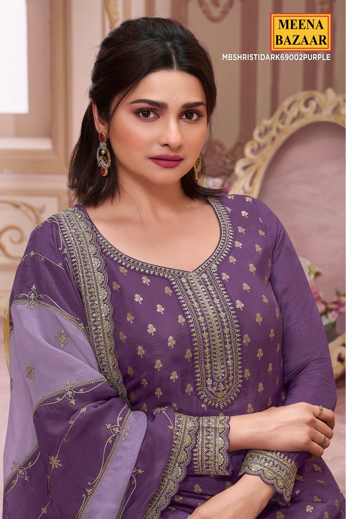 Purple Ethnic Motifs Embroidered Dola Silk Suit Set