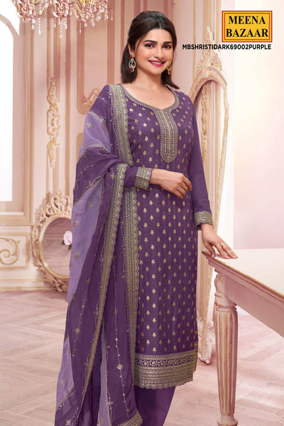 Purple Ethnic Motifs Embroidered Dola Silk Suit Set