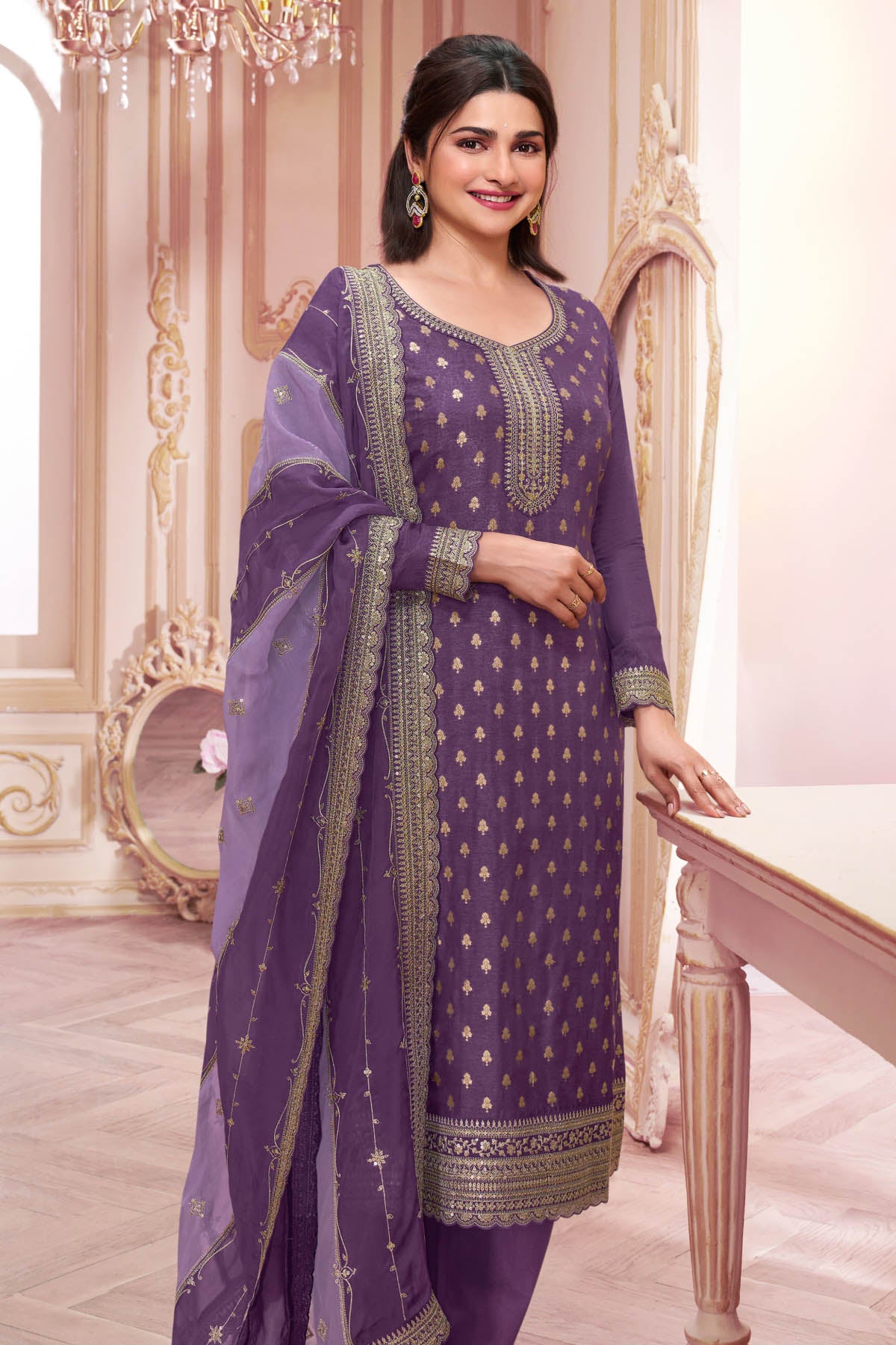 Purple Ethnic Motifs Embroidered Dola Silk Suit Set