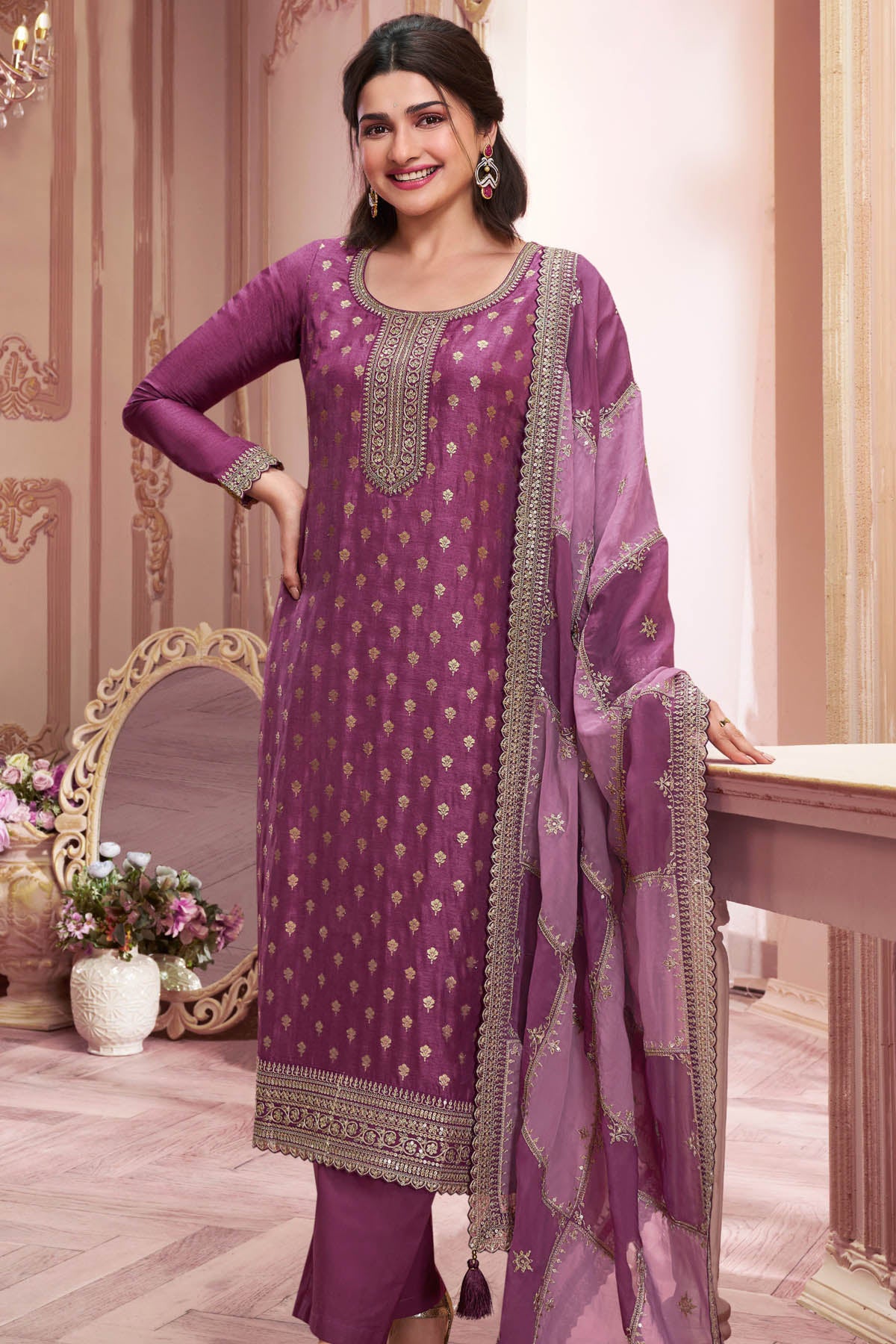 Wine Ethnic Motifs Embroidered Dola Silk Suit Set