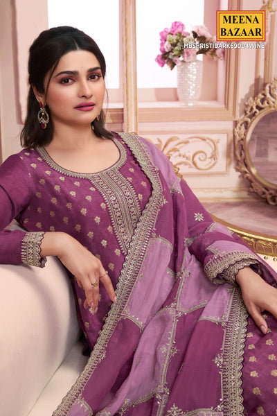 Wine Ethnic Motifs Embroidered Dola Silk Suit Set