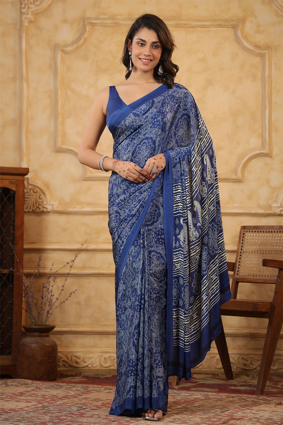 Blue Crepe Printed Saree