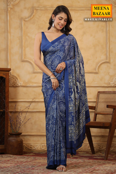 Blue Crepe Printed Saree