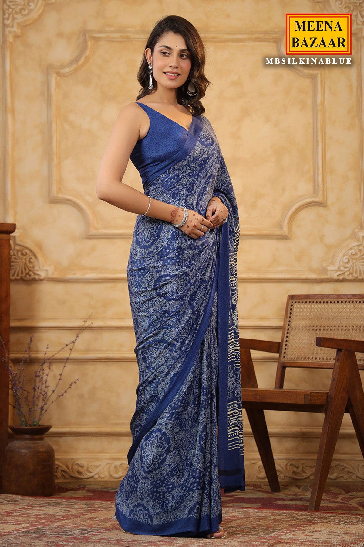 Blue Crepe Printed Saree