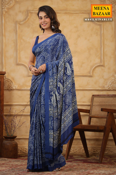 Blue Crepe Printed Saree