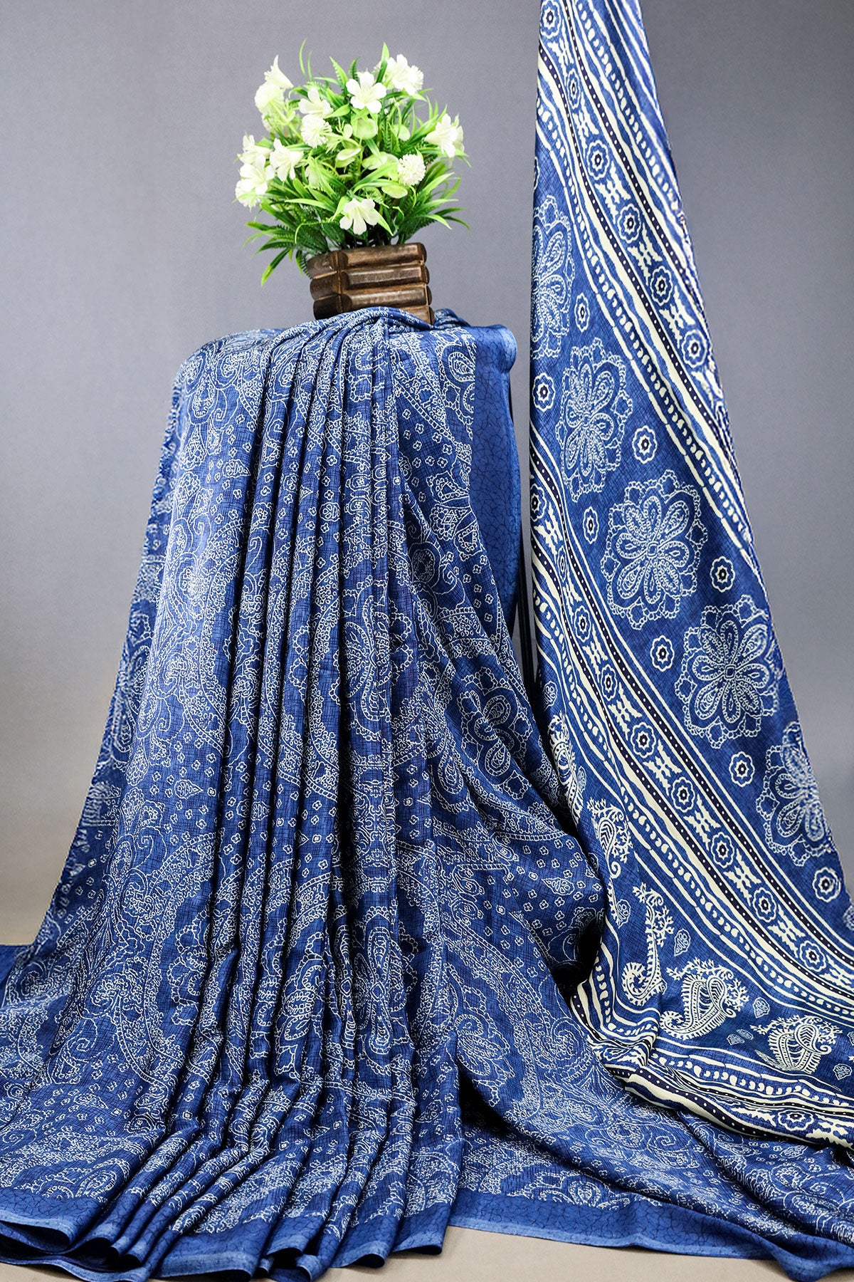 Blue Crepe Printed Saree