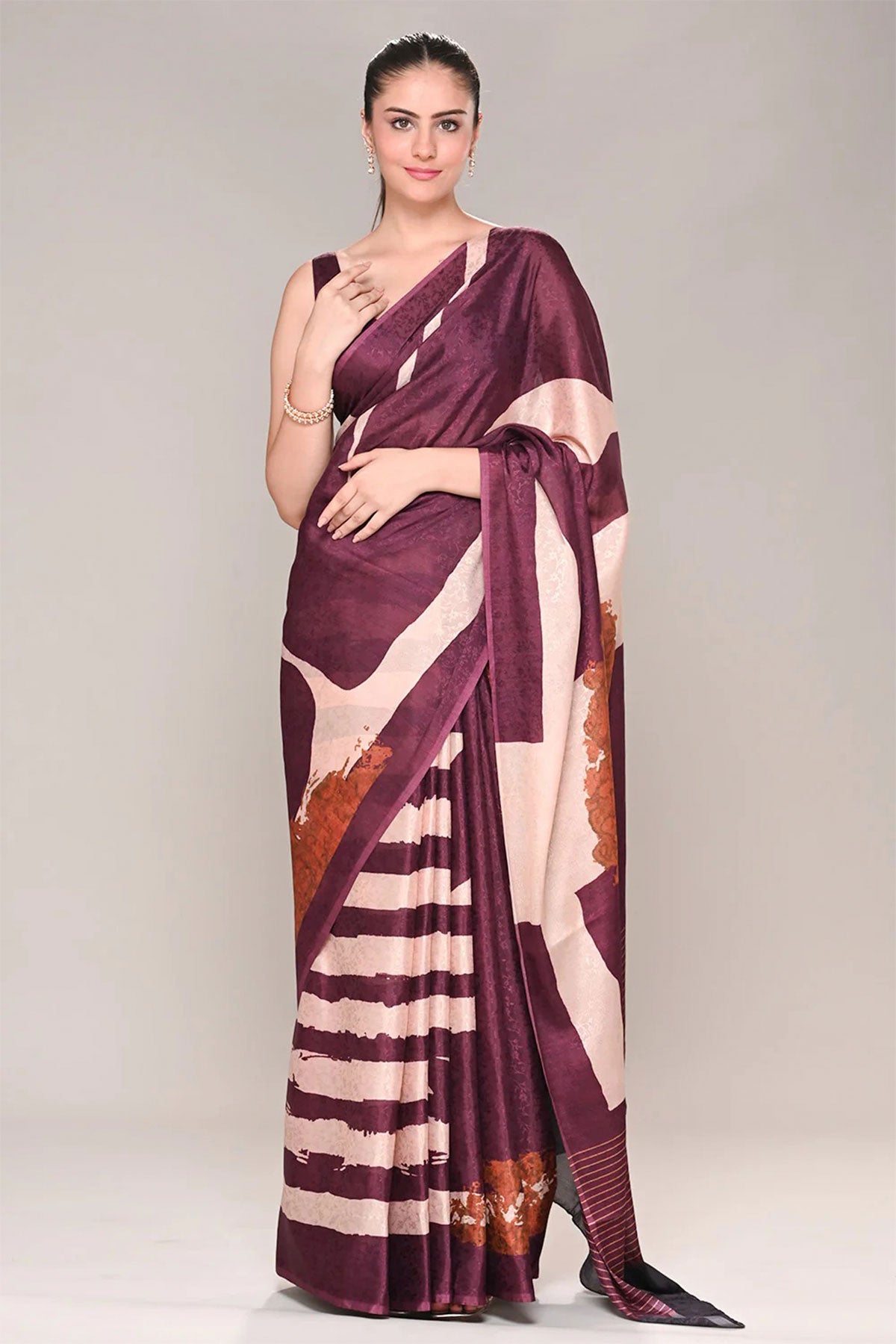 Wine Jacquard Crepe Silk Floral Printed Saree