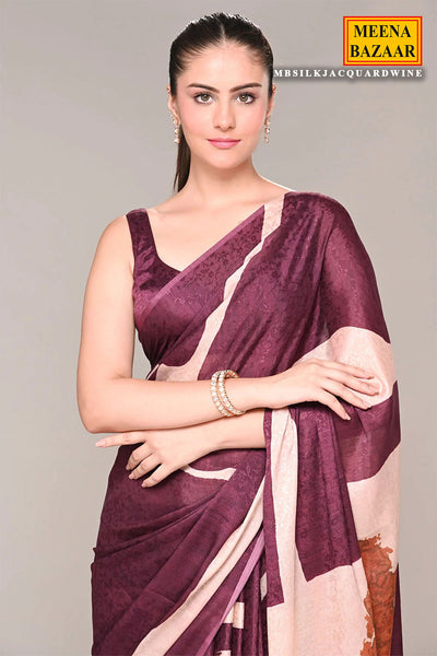 Wine Jacquard Crepe Silk Floral Printed Saree