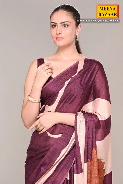 Wine Jacquard Crepe Silk Floral Printed Saree