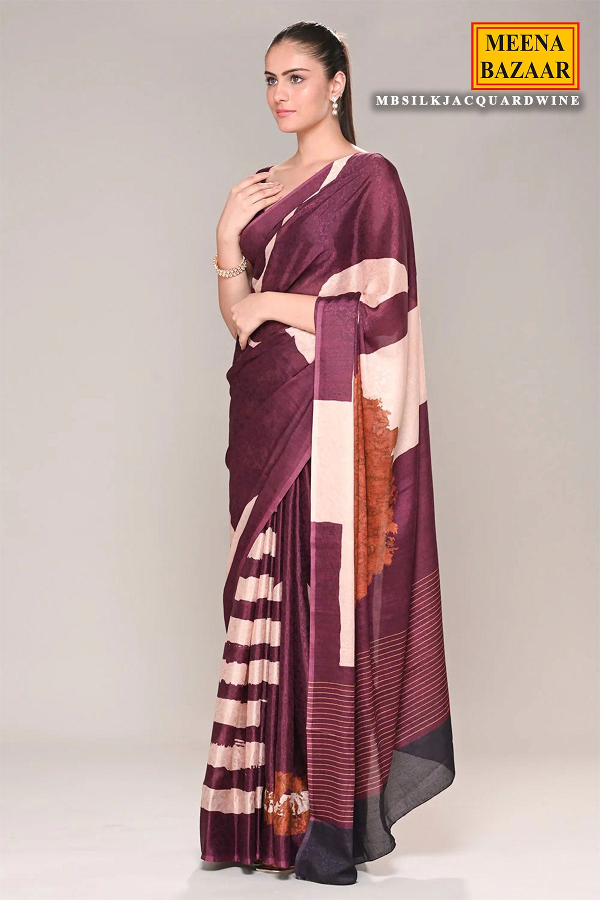 Wine Jacquard Crepe Silk Floral Printed Saree