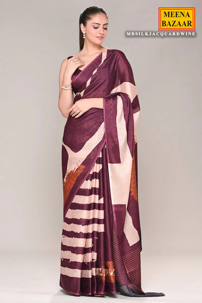 Wine Jacquard Crepe Silk Floral Printed Saree