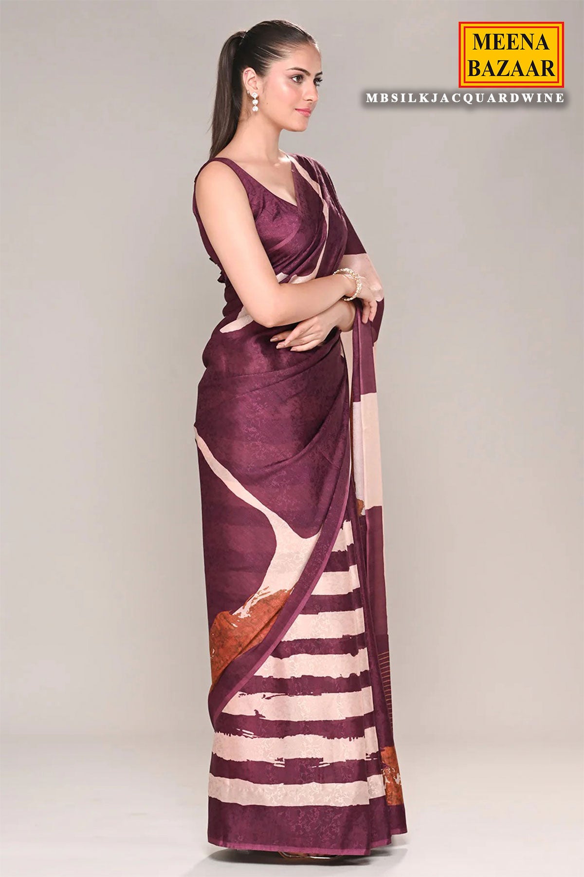 Wine Jacquard Crepe Silk Floral Printed Saree