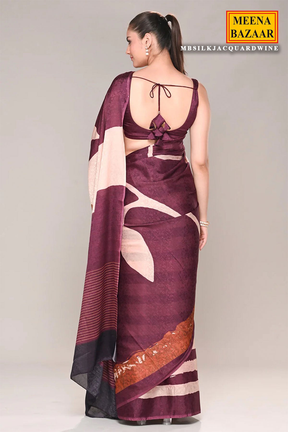 Wine Jacquard Crepe Silk Floral Printed Saree