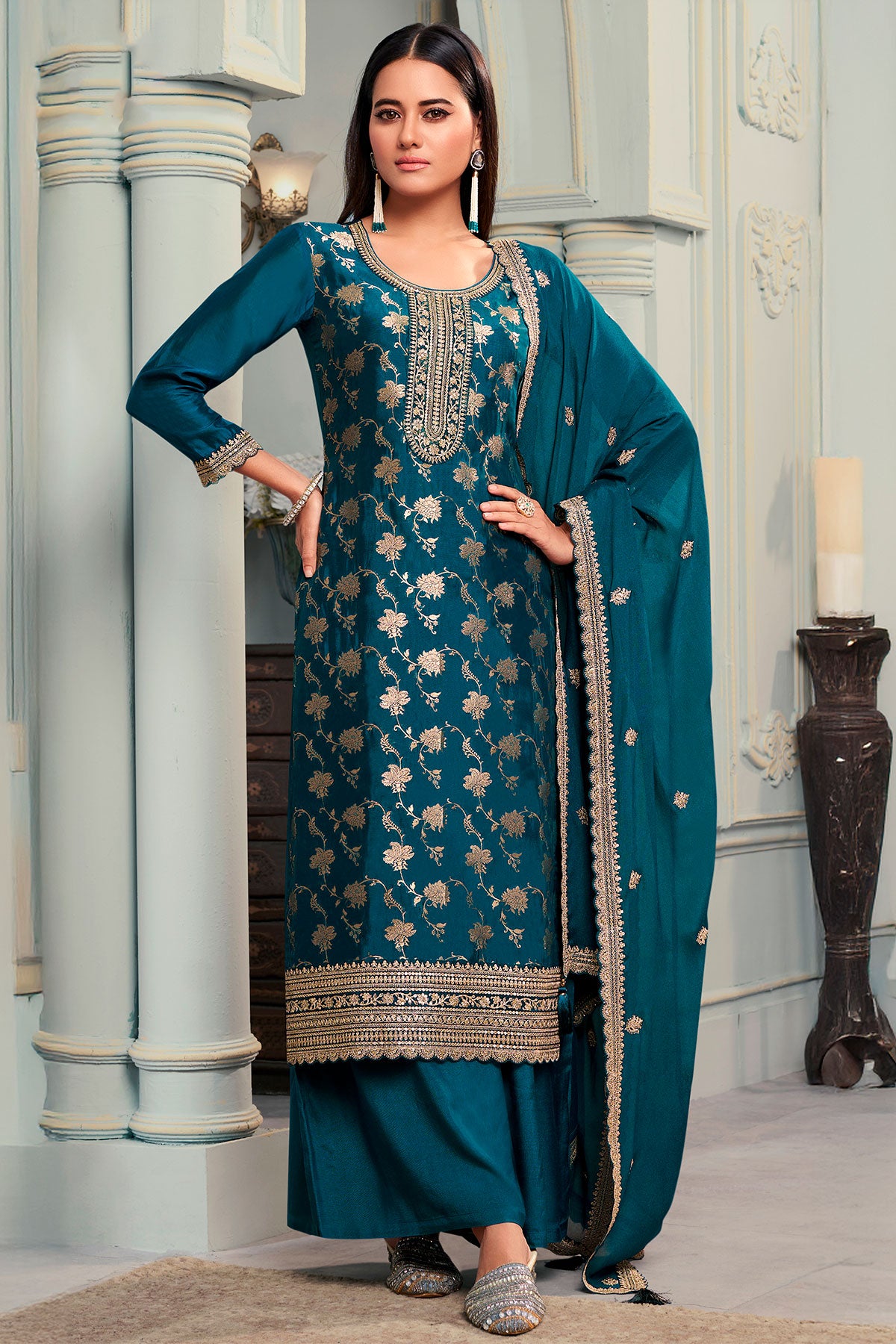 Teal Blue Dola Silk Zari Weaving Embroidered Yoke Suit Set