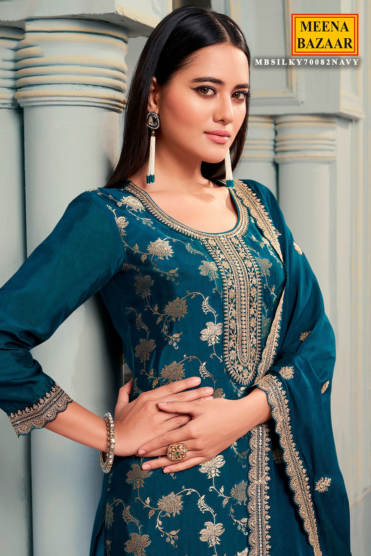 Teal Blue Dola Silk Zari Weaving Embroidered Yoke Suit Set