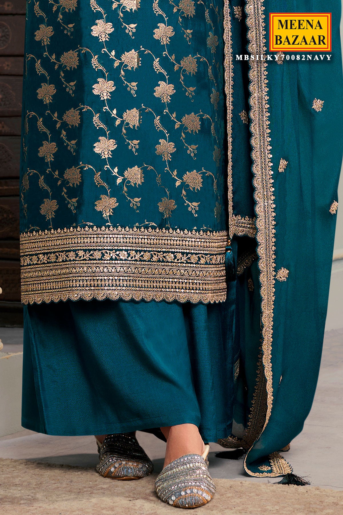 Teal Blue Dola Silk Zari Weaving Embroidered Yoke Suit Set