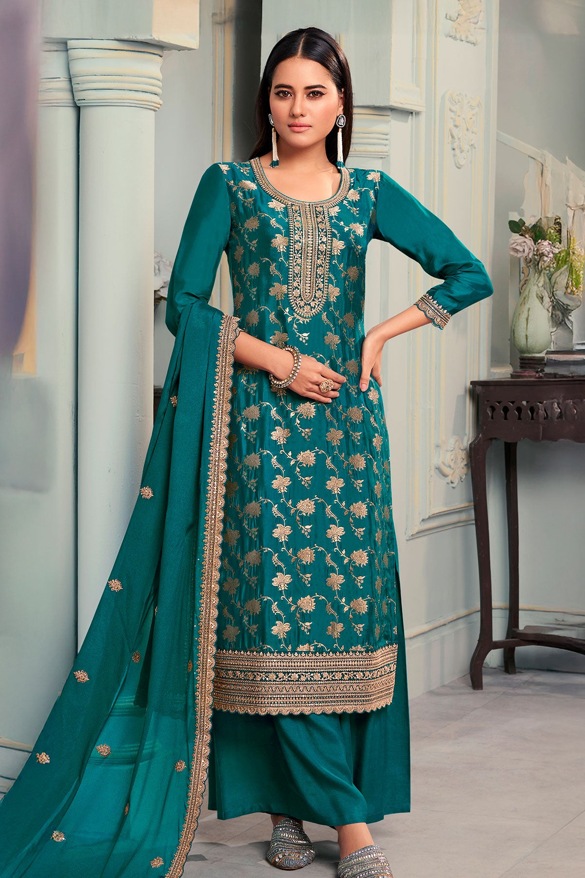 Firozi Dola Silk Zari Weaving Embroidered Yoke Suit Set